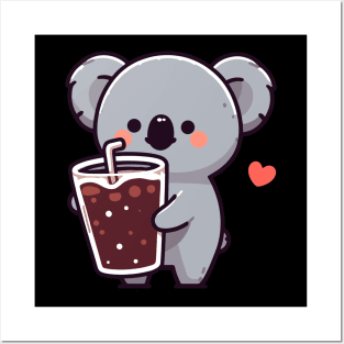 Cute koala holding a glass of coca cola drink with heart, koala lover design, kawaii koala Posters and Art